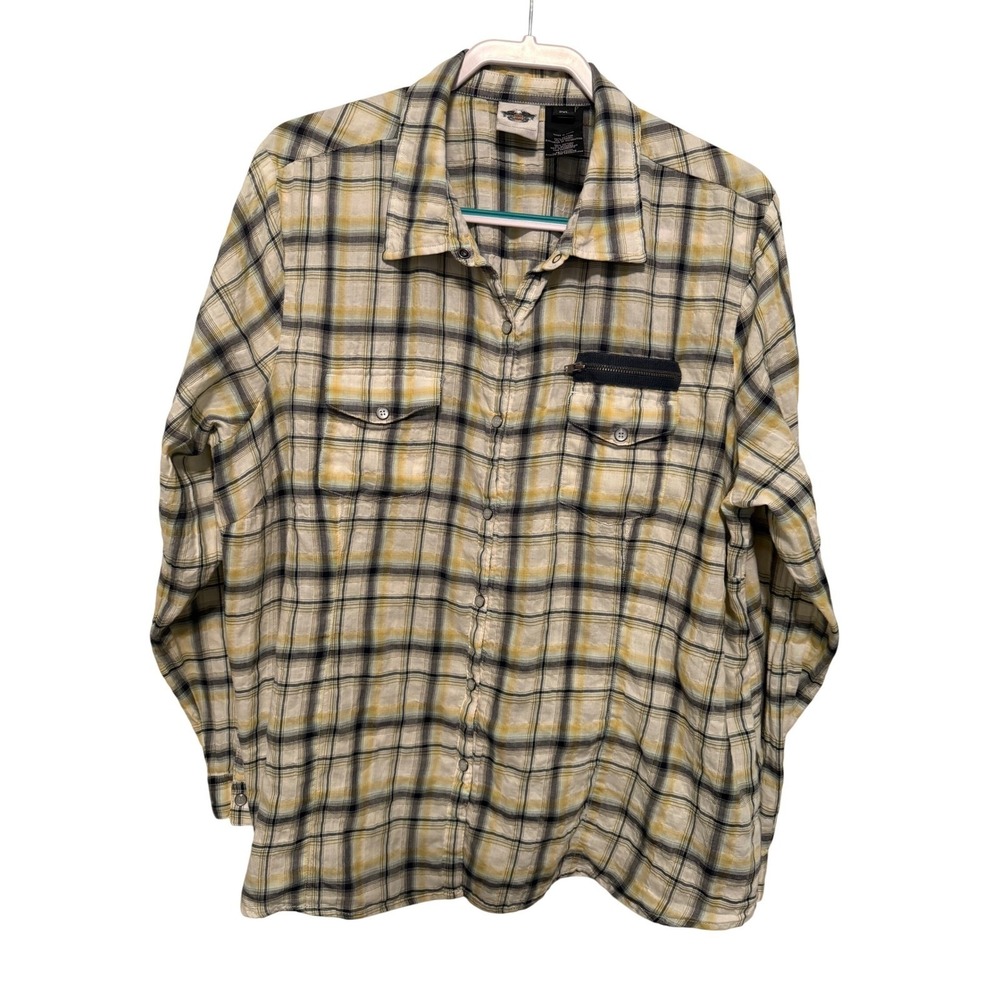 Harley Davidson Women's 2XL Plaid Shirt Long Sleeve Crinkle Pearl‎ Snaps